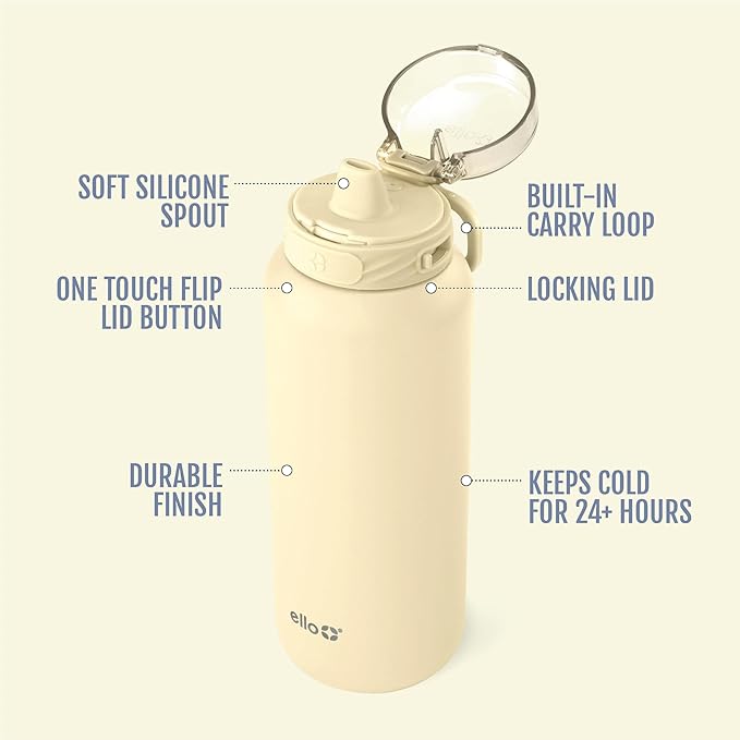 Ello Cooper 22oz Insulated Stainless Steel Water Bottle with Straw, Butter Yellow