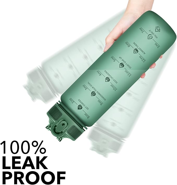 Hyeta Plastic Water Bottle With Straw & Time Marker, 32oz Leakproof Jug | Motivational Tritan BPA Free Gym Office Outdoor Intake Tracker Hourly Reminder Straw Lid Lightweight