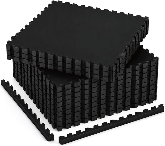 AIRHOP 1" Ultra-Thick 48 Sq Ft Rubber Top Gym Flooring for Home Gym | 12 Tiles, High Density EVA Foam, Waterproof & Non-Slip Rubber, Interlocking Puzzle Mats, Heavy Duty Floor Protection, 24"x24"