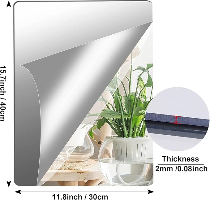 JUNEBRUSHS 4 Pack Self Adhesive Acrylic Mirrors, 12x 16 Inch Mirrors Tiles,Flexible Plastic Sheets Wall Stickers,2MM Thick Mirror,Frameless Small Mirror