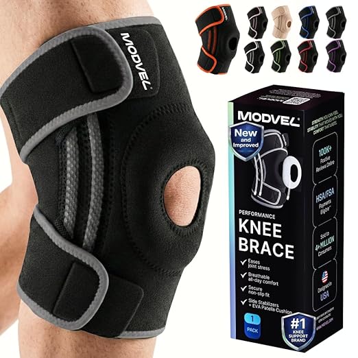 Modvel Knee Brace with Side Stabilizers & Patella Gel Pads for Pain Relief and Joint Support Breathable, Non-Slip Compression Sleeve for Men & Women, Arthritis, Meniscus, ACL Recovery