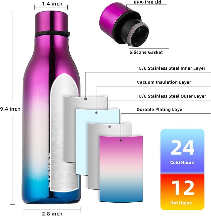 BJPKPK 18oz Insulated Water Bottle, Stainless Steel Bottle with Carry Strap | Keep Cold & Hot Vacuum Insulation, Leak-Proof BPA-Free Design, Slim Bottle Fits Most Cup Holders for Gym, Office & Travel