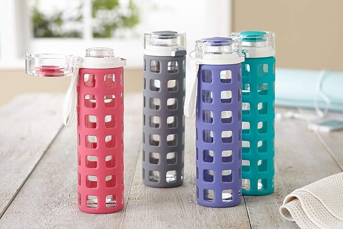Ello Syndicate Glass Water Bottle with One-Touch Flip Lid, Grey , 20-ounce | Glass water bottle for iced drinks with leakproof flip lid, silicone sleeve, carry loop, BPA-free, and dishwasher safe