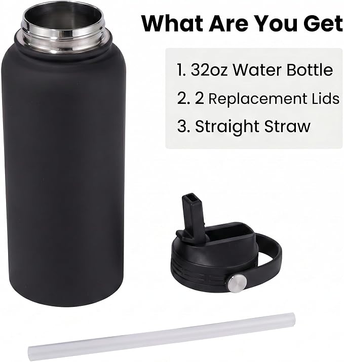 Black Insulated 32 oz Metal Leakproof Water Bottle | Stainless Steel, 1 Liter, Leakproof, 2 Lids, Large Sports Water Bottle for Gym,Hiking