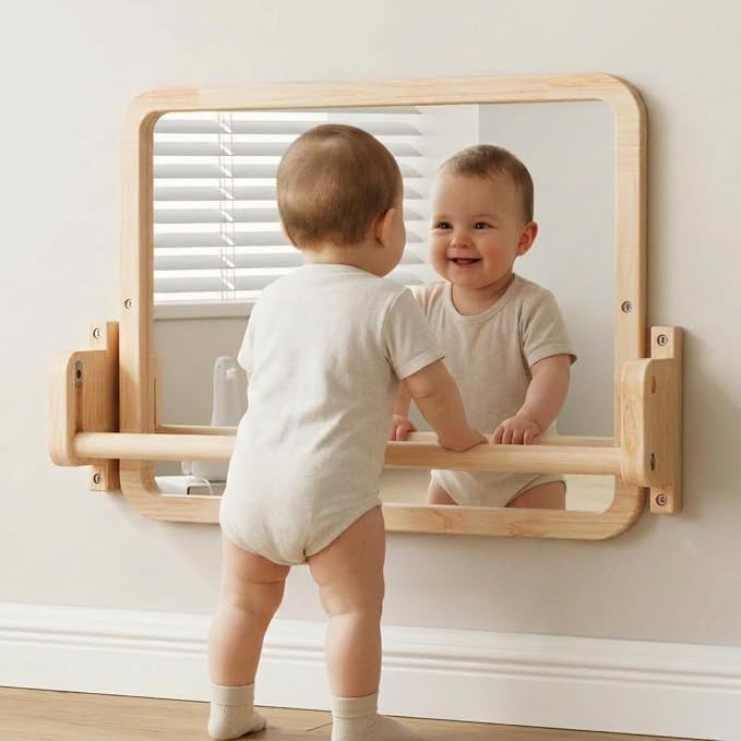 Woodtoe Montessori Mirror with Bar, Adjustable Baby Pull to Stand Toys 6M+ | Natural Solid Wood Frame & Baby Pull Up Bar, Infant Coordination Toddler Mirror, Developmental Toys for Baby 6-18 Months