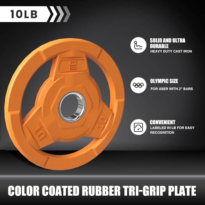 Color Coded 2-Inch Rubber Coated Olympic Grip Plate for Barbell,Solid Cast Iron Weight Plates for Strength Training, Weightlifting, Home Gym, 2.5/5/10/15/25/35/45 LB, Single and Pair
