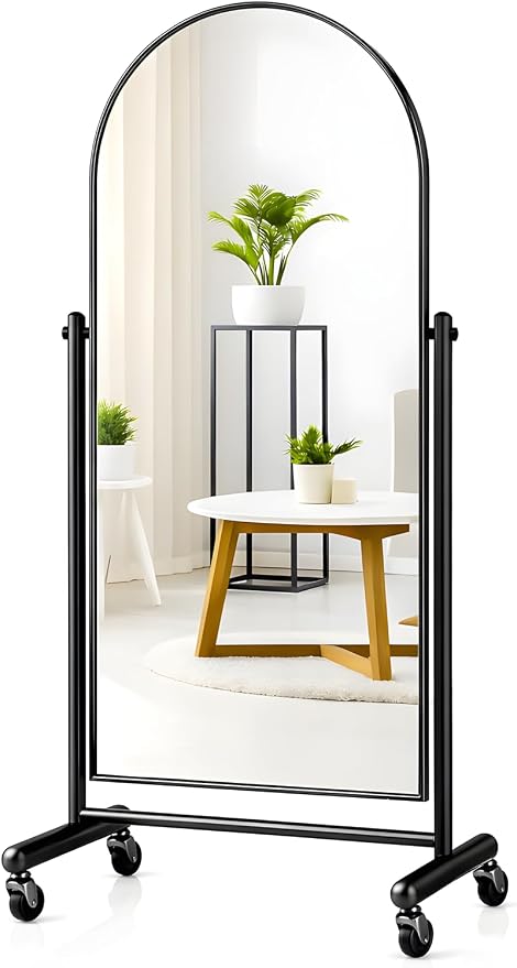 Arched Full Length Rolling Mirror on Wheels, 65"Lx24"W Large Modern Tilting Swivel Mirror with Tempered Glass & Metal Frame, Use for Dressing,Dance Studio,Fitness,Home Gym, Barbershop (Black)