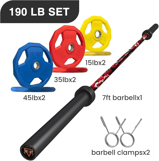 7FT Olympic Barbell Bar with Weight Plate Set Combo, Solid Olympic Bar with Bearings, 700Lbs Capacity Weight Bar for Home Gym Strength Training, Weightlifting, Powerlifting, Fit for 2" Olympic Plates