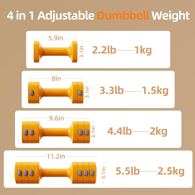 Lightweight Adjustable Dumbbell Kettlebell Set - 4 in 1 Free Weight Set with Kettlebell Grip Converter, Each 2.2 3.3 4.4 5.5lb Quick Change Weight Women Dumbbell Set for Small Spaces Home Gym