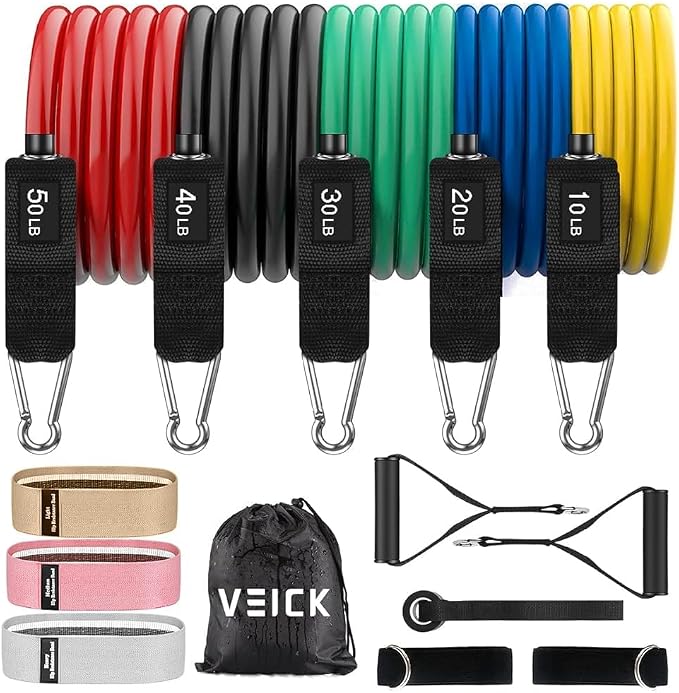 VEICK 10-150LBS Resistance Bands with Handles, Ankle Straps, Door Anchor | Accredited Lab Certified, 100% Natural Latex, Versatile for Yoga, Pilates, Strength, Home Gym