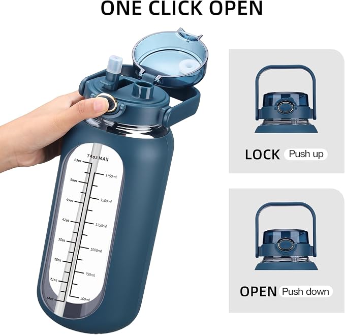 chunmo 74 oz Glass Water Bolttles with Straw Large Motivational Water Bottle with Time Marker Sports Water Bottles with Silicone Sleeve and Handle Lid 2.2L Water Jug for Gym Workout
