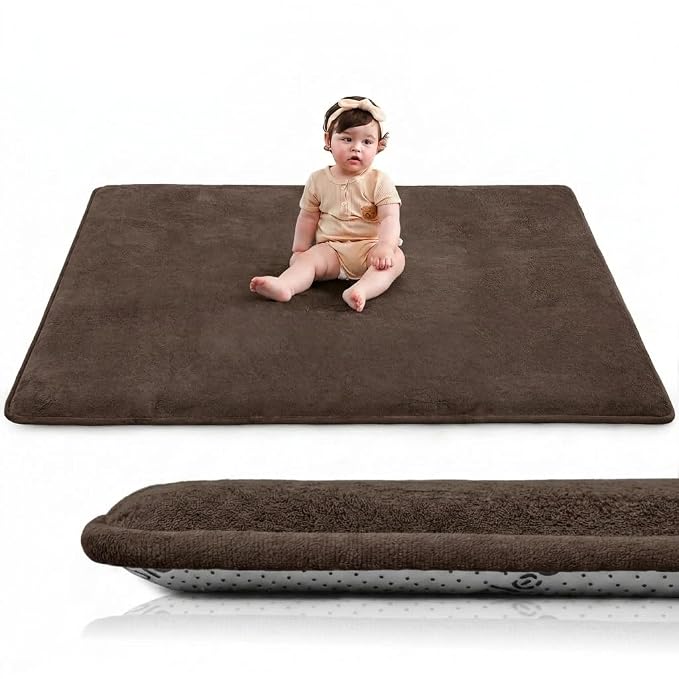 Huloo Sleep Baby Play Mat for Floor,1.3" Thick Elasti-Foam 50"×50" Playpen Mat for Tummy Time,Water Repellent Soft Coral Velvet for Toddler,Infant,Kids,Non-Slip Backing Safe for Crawling(Dark Brown)