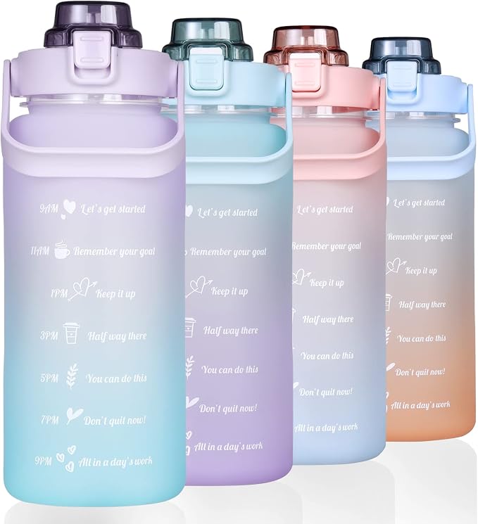 RYI Large Half Gallon 64 OZ Motivational Water Bottle with Straw Time Marker BPA Free for Sport and Fitness Purple Green