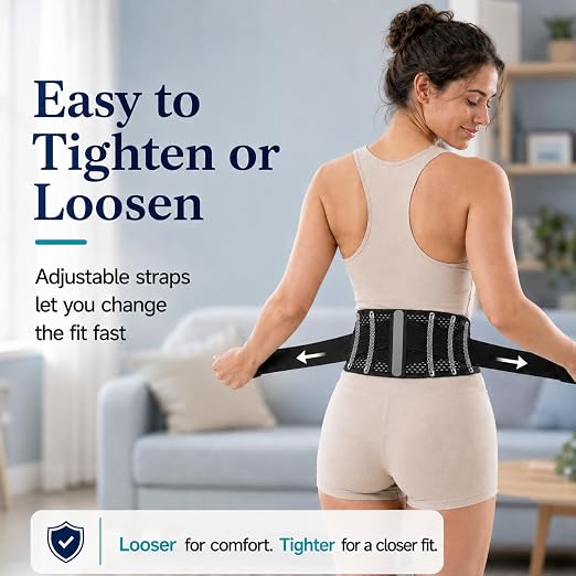 Breathable Thin Back Brace for Women, Adjustable Lower Back Support Belt for Everyday Pain Relief, Slim Low-Profile Lumbar Brace with Gentle Compression, Comfortable Under Clothes