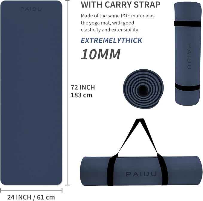 PAIDU POE Yoga Mat （10mm）Extra Thick Fitness Mat 72"x24" with Carry Strap | Non-slip, tear-resistant and suitable for all ages, perfect for yoga, Pilates, home gym and full-body workouts.