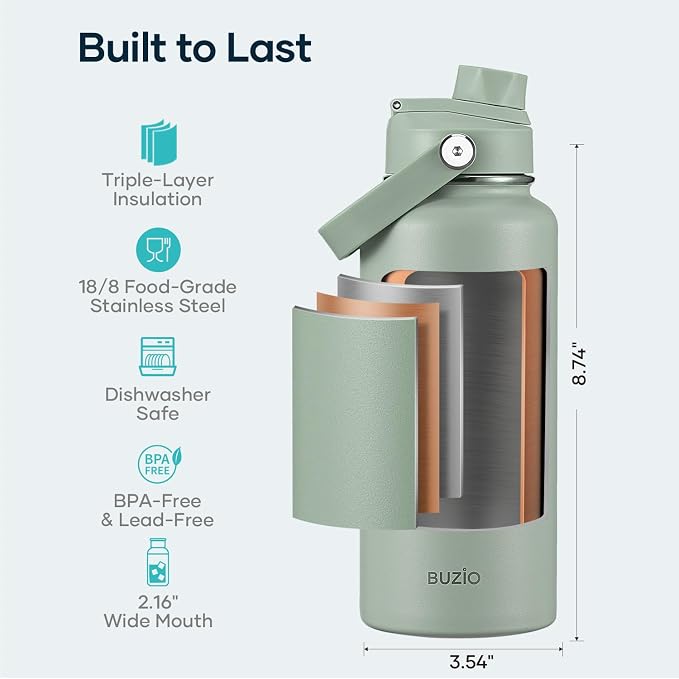 BUZIO Insulated Stainless Steel Water Bottle 32 oz with Straw & Spout Lids | Triple Wall Insulated Tumbler (Dishwasher Safe) ,Cold for 48 Hrs/Hot for 24 Hrs, Leakproof, BPA-free, for Sports, Gym, School