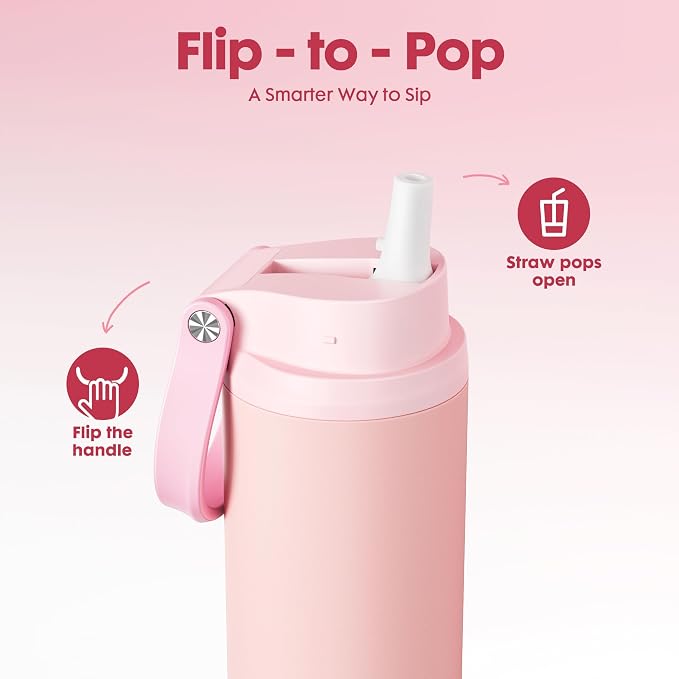 Meoky 24 oz Insulated Stainless Steel Water Bottle: Flip-to-Pop Straw, Leak Proof, 24H Cold, Wide Mouth, BPA-Free, Non-slip Base, Travel Water Bottle for Women School Backpack Car, Candy