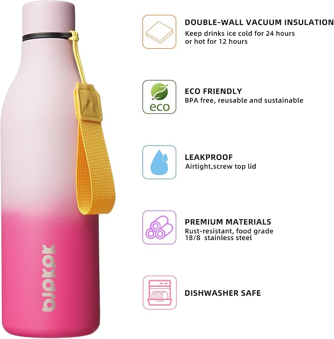 BJPKPK 25oz Insulated Water Bottle, Stainless Steel Bottle with Carry Strap | Keep Cold & Hot Vacuum Insulation, Leak-Proof BPA-Free Design, Slim Bottle Fits Most Cup Holders for Gym, Office & Travel