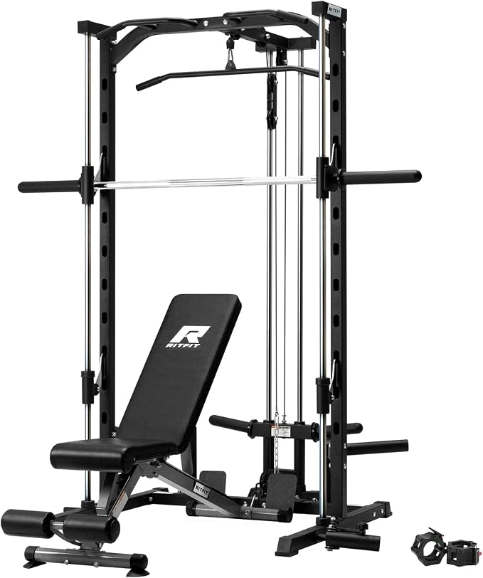 RitFit Smith Machine Power Rack with LAT-Pull Down System | Half Smith Machine with Landmine, Barbell Bar, Plate Storage Pegs and More Training Attachment