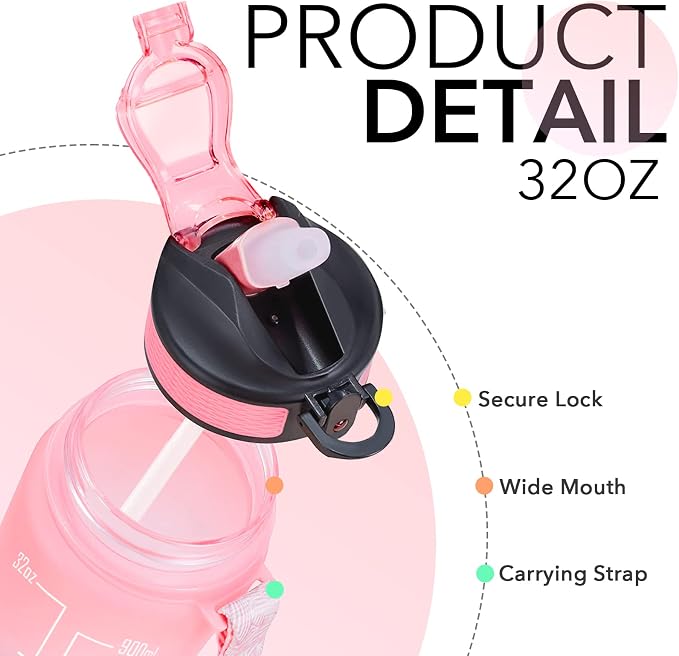 Hyeta Water Bottle with Straw & Time Marker, Plastic 32oz Leakproof | Motivational Tritan BPA Free Gym Office Outdoor Intake Tracker Hourly Reminder Straw Lid Carry Strap