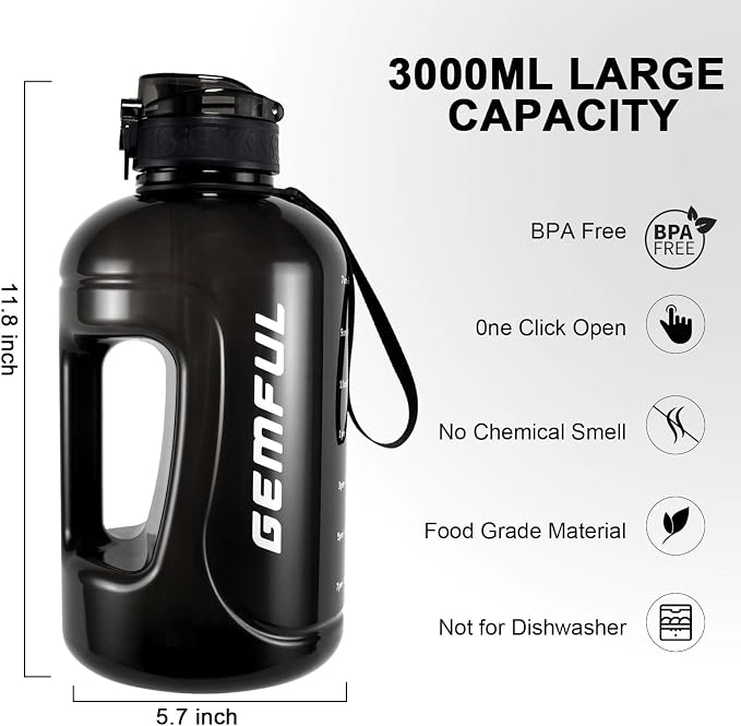 GEMFUL 100oz Water Bottle with Time Marker & Straw 3L for Fitness (Black) | BPA Free, Leak-proof, Tracks Daily Intake, Great for Gym, Hiking, Camping, Home,Office, Travel, Women,Men, Wide Mouth