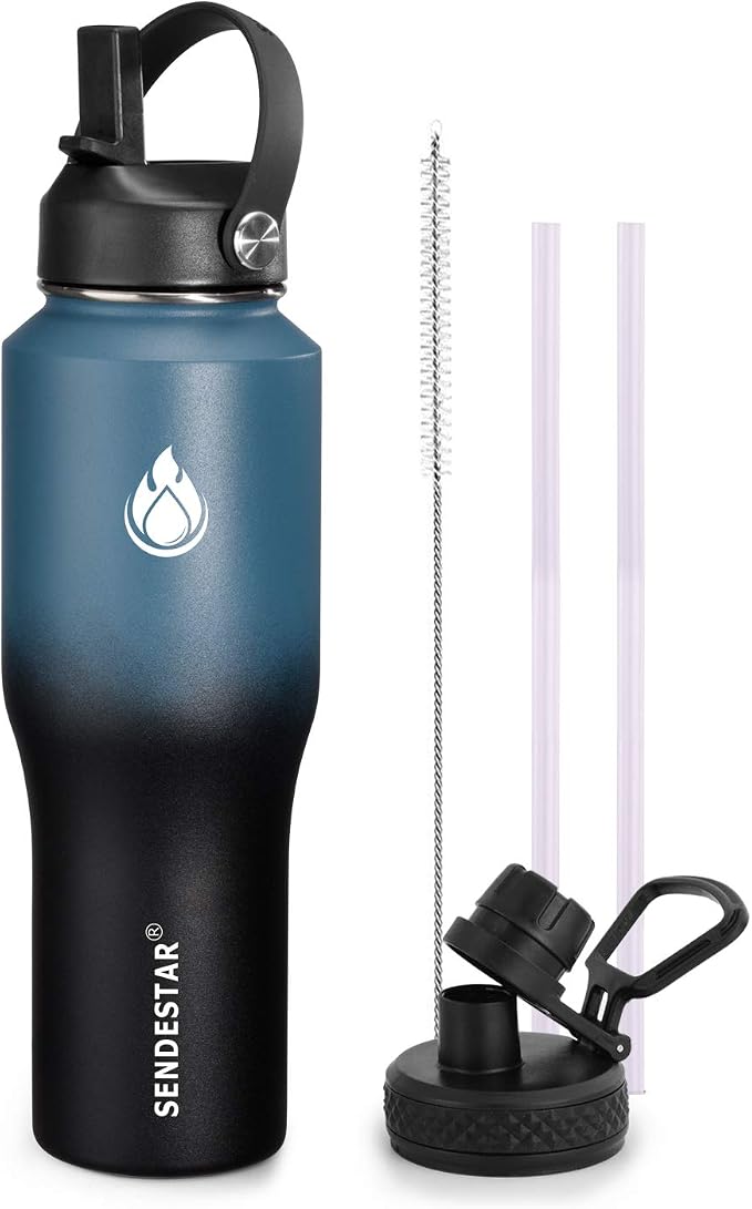 SENDESTAR Water Bottle 32oz,2 Lids(Straw lid),Wide Mouth Stainless Steel Vacuum Insulated Double Wall Keep Liquids Cold or Hot All Day,Sweat Proof Sport Design,Fit Car Cup Holder
