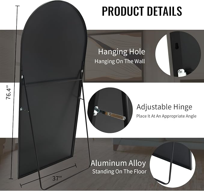 Beauty4U 76" x 37" Arched Full Length Mirror with Stand, Black Floor Mirror | Large Standing, Leaning, or Wall-Mounted Tempered Full Body Mirror with Metal Frame for Bedroom, Closet, Modern Home Decor