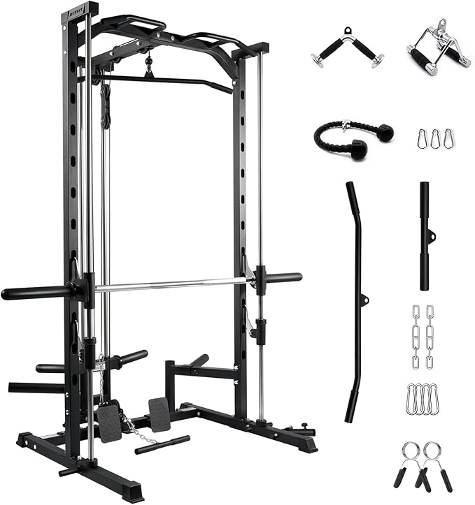 RitFit Smith Machine Power Rack with LAT-Pull Down System | Half Smith Machine with Landmine, Barbell Bar, Plate Storage Pegs and More Training Attachment