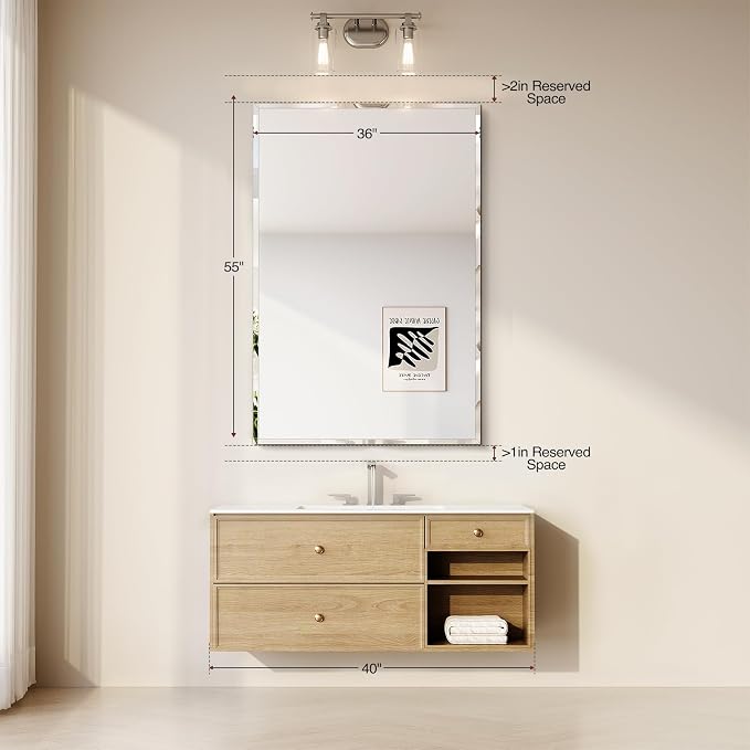 Frameless Bathroom Mirror, 55"x36" Beveled Bathroom Mirror | Wall Mount Mirrors for Vanity Bedroom Entryway Living Room Hangs Horizontally or Vertically