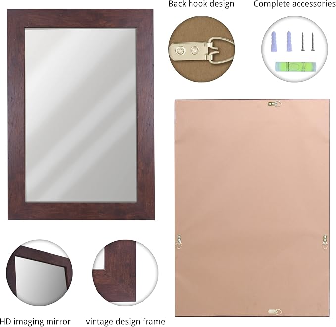 Syndra Rectangular Mirror with Frame Rustic 20x28‘’ Wall Mounted Rustic Vanity Mirror with Large Wood Frame Farmhouse Bathroom Mirror, for Bedroom, Living Room, Entryway Wall Decor(Walnut)