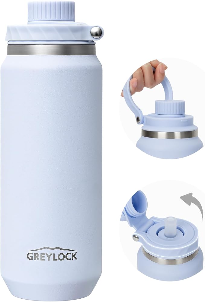 GREYLOCK 40 oz Insulated Water Bottle with Straw Lid, Leakproof Reusable Stainless Steel Vacuum Flask, 24hr Cold & Hot, Carry Handle & Silicone Spout, BPA-Free for Gym, Hiking, Travel,Blue