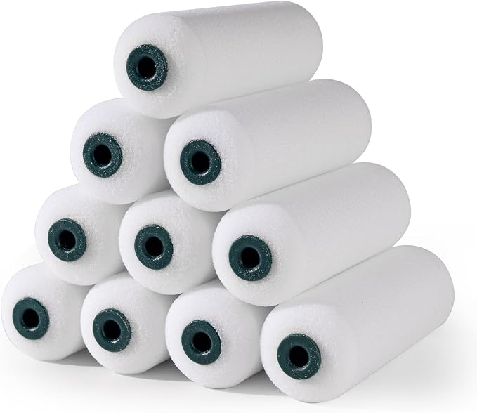 Foam Paint Roller Covers, Small Paint Roller 4 Inch, 10 Pack | Mini Rollers for Painting, Foam Paint Roller Refills for Smooth Finishes on Walls, Cabinets and Doors, Fit 4" Roller Frame