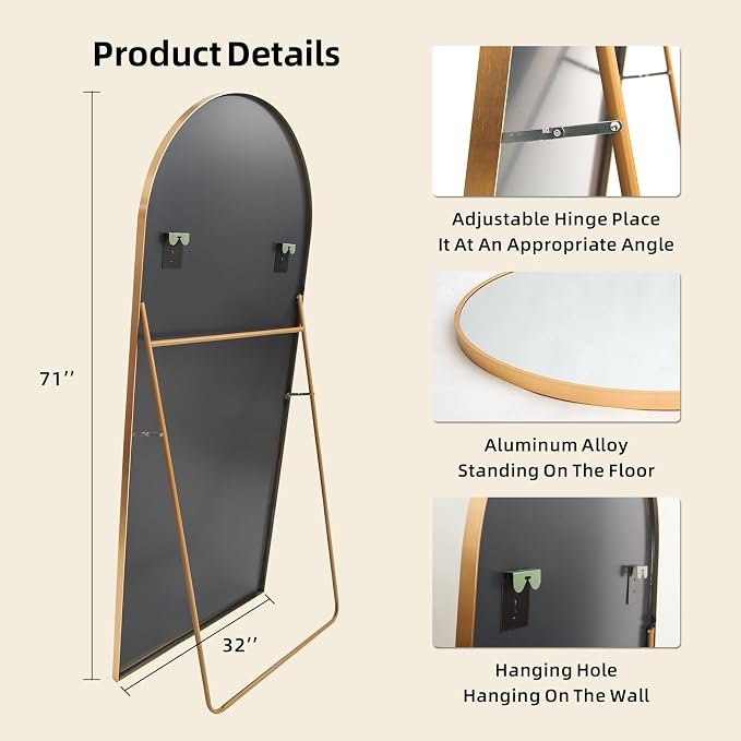 LFT HUIMEI2Y 71"x32" Arch Full Length Mirror, Gold Floor Mirror | Tempered Oversized Mirror Full Body with Aluminum Alloy Frame; Standing, Leaning, or Wall Mount for Bedroom, Living Room