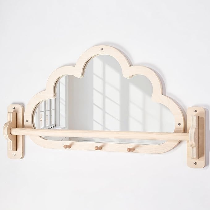 Montessori Baby Mirror with Pull Up Bar, Shatterproof Toddler Pull to Stand | Cloud-shaped wooden pull to stand toy gym, CPC safe infant gift for nursery wall, ages 6-18 months.