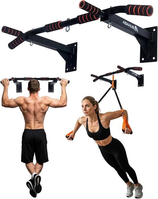 Abahub Wall Mounted Pull Up Bar,Multi-Grip Chin-Up Bar for Home Gym | Drill-installed, Heavy-Duty & Stable Training Bar with circular ring, Black-Red