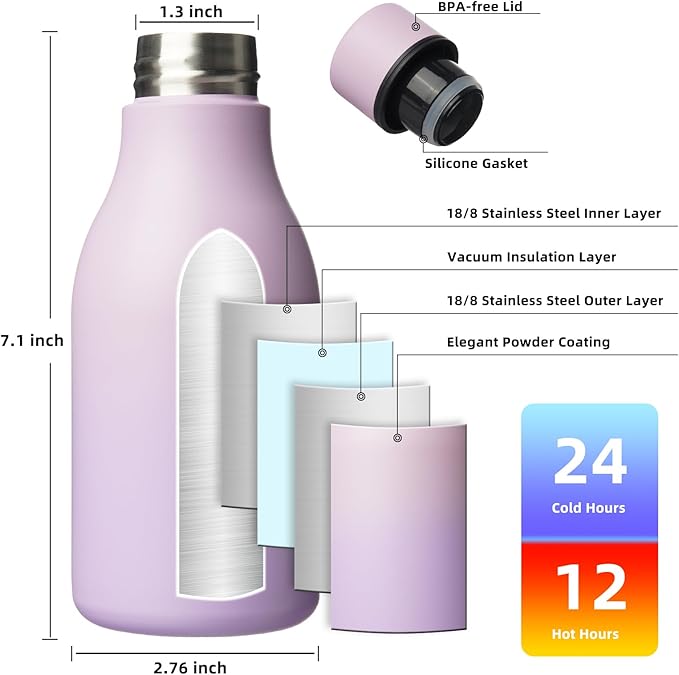 BJPKPK 12oz Insulated Water Bottle, Stainless Steel Bottle with Carry Strap | Keep Cold & Hot Vacuum Insulation, Leak-Proof BPA-Free Design, Slim Bottle Fits Most Cup Holders for Gym, Office & Travel