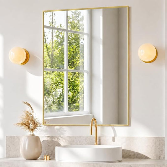 30" x 36" Gold Wall Mirror for Bathroom, 36" x 30" Metal Framed Accent Decor, Mid-Century Modern Mirror for Vanity & Bedroom