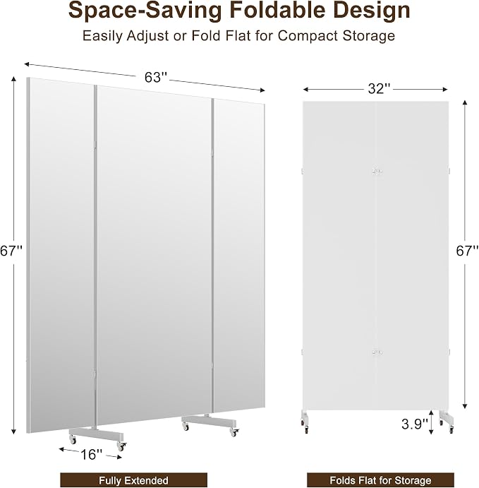 brisafe 63''×67'' Large Full Body Non-Glass Frameless Mirror on Wheels, NanoMirror 360° Swivel Shatterproof Unbreakable Foldable Fitness Mirror for Home Gym Yoga Dance Studio, Silver | Tri-Fold Compact Storage, Nano Shatter-Resistant, Aerospace Aluminu...