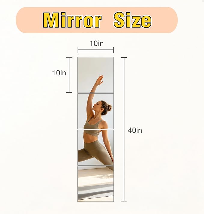 4-piece Glass Full Length Wall Mirror Tiles, 10 × 10 inch self-Adhesive Frameless Small Mirror Brick, Suitable for Home Gyms, bedrooms, Doors, and Bathroom Glass Mirrors (4Pcs 10 * 10)