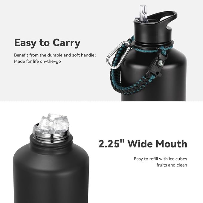64 oz Insulated Water Bottle with Straw & Spout Lids, Stainless Steel Metal Half Gallon Water Jug with Paracord Handle, Double Wall Vacuum, Leakproof, Keep Drinks Cold & Hot, Black Gray Gradient