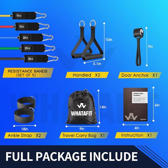 WHATAFIT Resistance Bands, Exercise Bands with Handles, Workout Bands for Working Out, Fitness Bands Set for Home Gym Full Body Strength Training, Muscle Tone, Yoga & Stretching