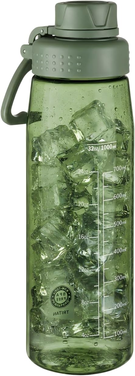 32oz Clear Water Bottle - BPA-Free Tritan Plastic, Fast Flow Spout Lid, Wide Mouth & Leakproof Design Hiking Water Bottle Suitable for Travel, Outdoors, Gym, Travel, Home, School(Army Green)
