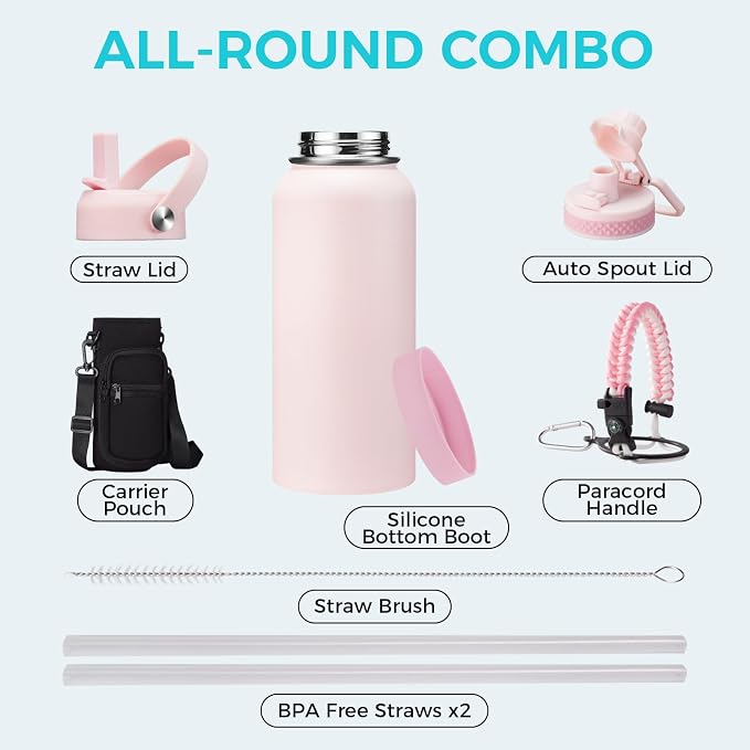 32/40/64 OZ Water Bottle with Straw - Spout Lid, Kepp Cold-48H Hot-24H, Insulated Water Bottles with Strap Carrier Bag, Paracord Handle, Protective Boot, Leakproof Metal
