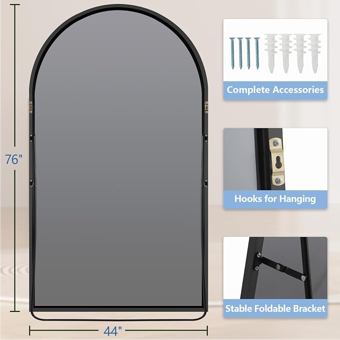 MirrMuse Oversized Arched Full Length Mirror with Stand, 76"X44", Black | Tempered Glass, Free Standing, for Bedroom Living Room Clothing Store Gym, Aluminum Alloy Frame, Hanging or Leaning
