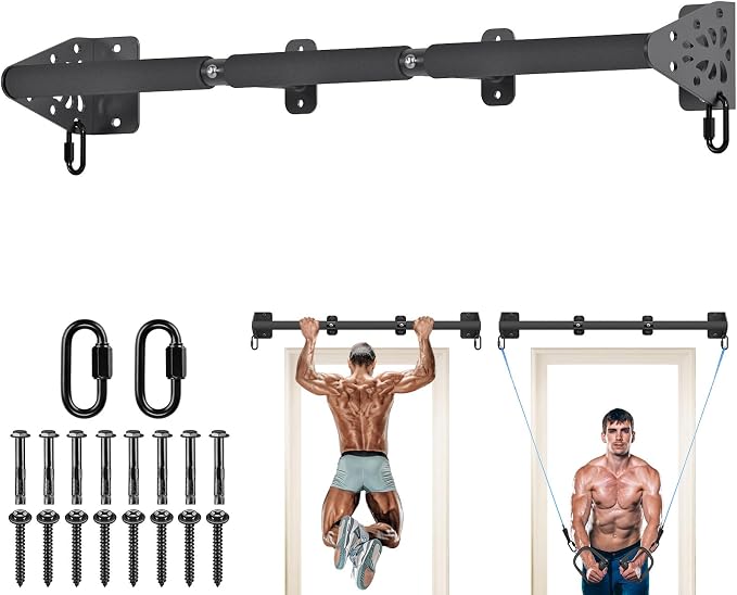 Kipika Wall Mounted Pull Up Bar - Heavy Duty 500 LB Capacity Doorway Chin Up Bar for Home Gym, Sturdy Steel Construction with Resistance Band Hooks | Hanging Exercise Bar for Full Body Workout