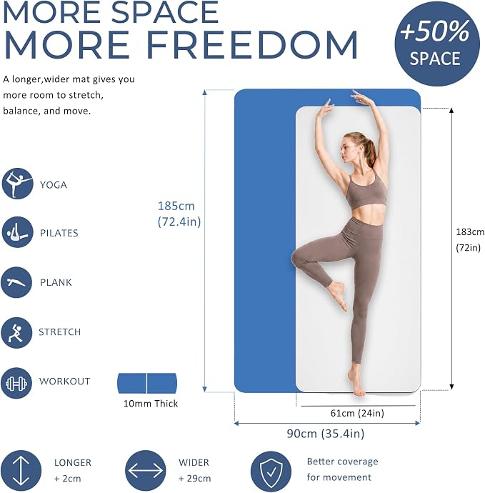 Yoga Mat 72''x24''/35''(8mm/10mm) for Beginners, Thick and Wide Yoga Mat with Carrying Strap for Pilates, Stretching and Home Workout