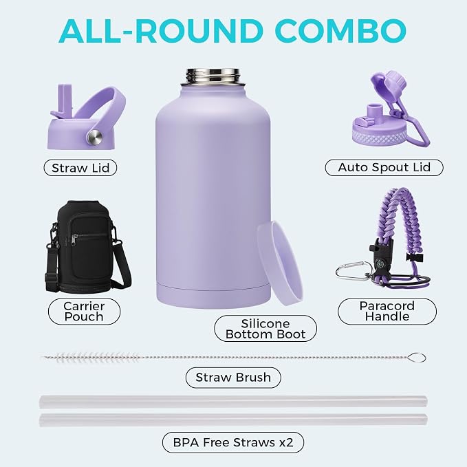 Half Gallon Water Bottle with Straw - Spout Lid, 64oz Insulated Water Jug Carrying Sleeve with Strap, Paracord Handle, Silicone Boot, Stainless Steel Metal Coldest Canteen for Women, Lilac Purple