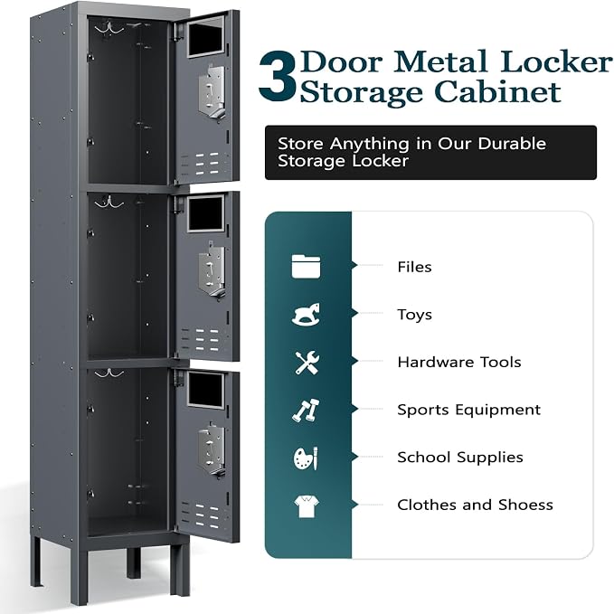 BUTISOW 3 Door Employee Metal Locker w/Card Slot for School Gym Office | Ventilated Metal Steel Locker with Mirror & Multi Hooks for Secure Storage