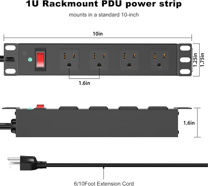 HEZI 10 Inch Rack PDU, 1U Rack Mount, 4 Outlets, 1200J Surge Protection | 15A Overload Switch,10FT 14AWG Extension Cord,for Mini Server Cabinet Network Rack,Black,ETL Listed