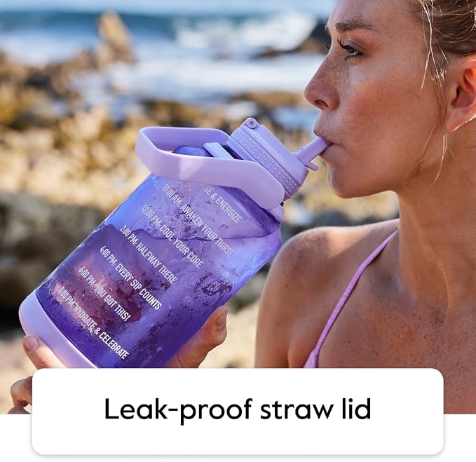 Takeya Motivational Water Bottle with Straw Lid and Time Marker (64 oz, Vivacity Purple) - Leakproof, BPA Free Water Bottle for Daily Intake Tracking